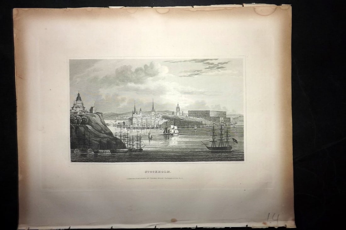 Barclay & Kelly 1843 Antique Print. Stockholm, Sweden: Steel Engraving Published 1843 by Thomas Kelly, London for "A New and Universal English Dictionary" by the Rev. James Barclay. Paper Size: 10.5 x 8 inch (27 x 21cm) Very minor margin toning. Good Cond