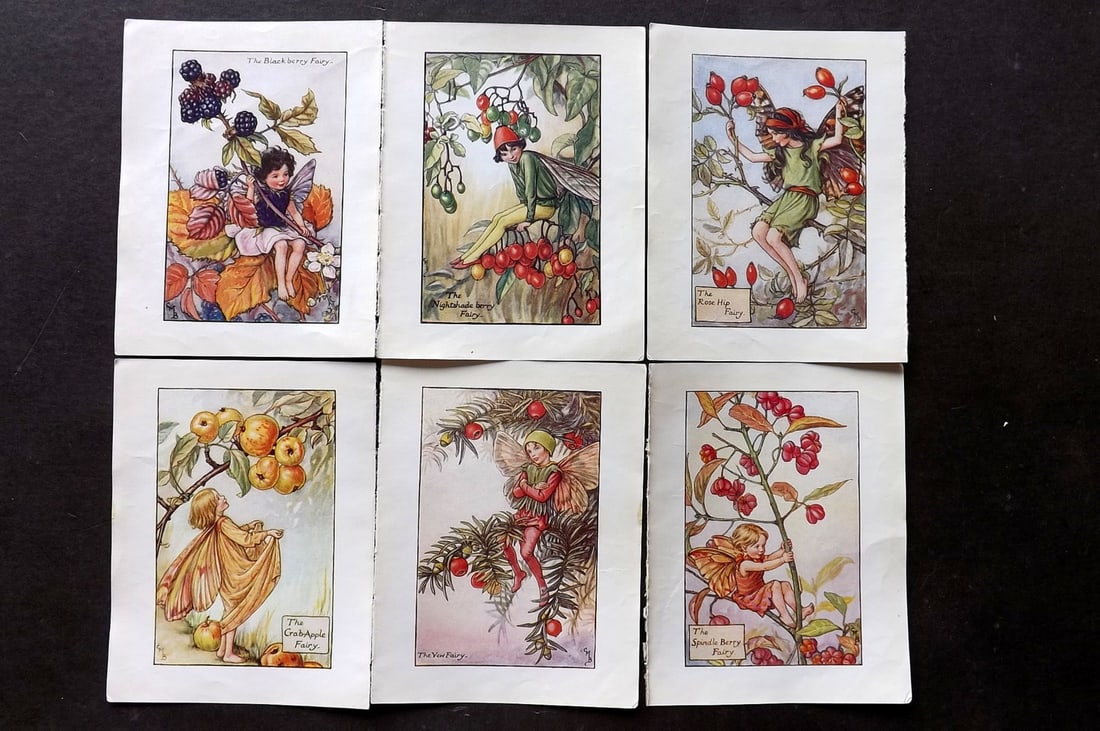 Barker, Cicely Mary C1940 Lot of 6 Flower-Fairy Prints - Autumn Fairies: Lithographs Published C1935-45 by Blackie & Son, London & Glasgow for the "Flower-Fairies" Series by Cicely Mary Barker. Reverse side blank. Paper Size: 5.5 x 4 inch (14 x 10cm) Good Condition