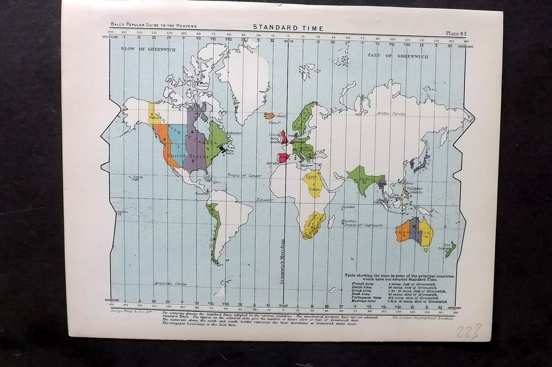 Ball, Robert 1910 Astronomy Celestial Print. Standard Time Map 83 (1 of 1)