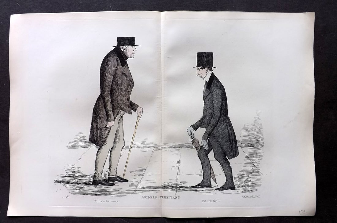 Crombie, Benjamin 1882 Folio HCol Scottish Caricature Portrait. William Galloway & Patrick Neill: Hand Colored Etching Published 1882, Edinburgh for "Modern Athenians A Series of Original Portraits of Memorable Citizens of Edinburgh" Drawn and Etched by Benjamin W. Crombie between 1837-47. Centre
