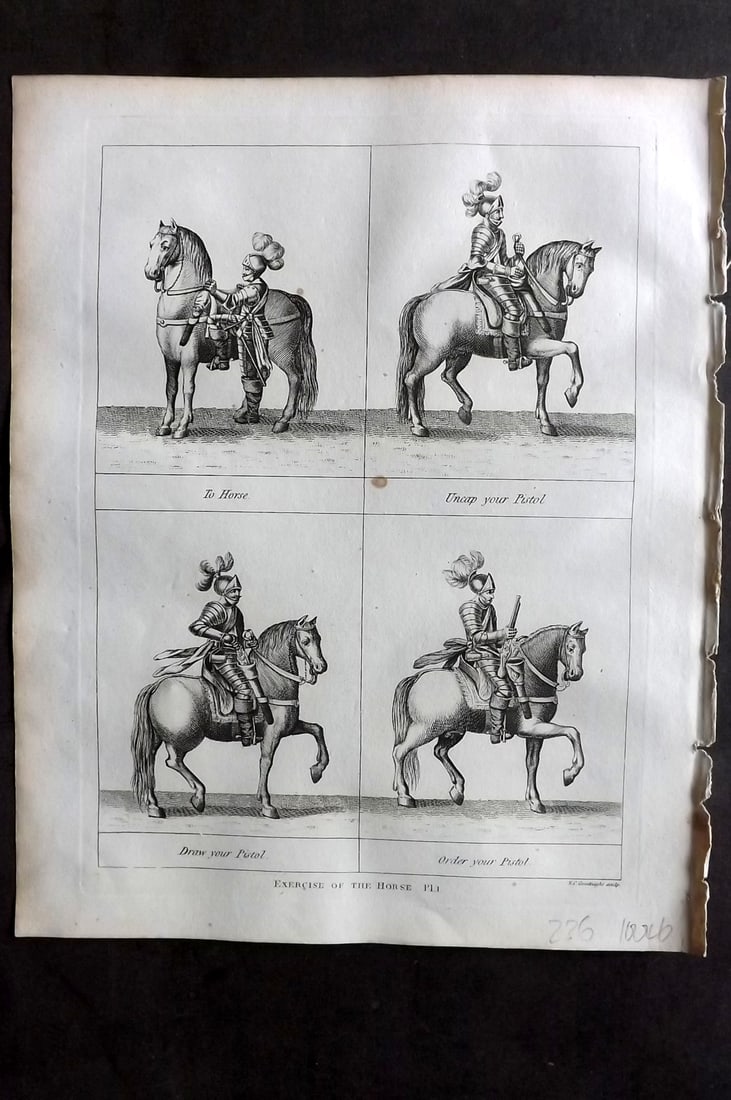 Grose, Francis 1801 Antique Military Print. Exercise of the Horse 01: Copper Plate Published 1801, London for "Military Antiquities Respecting a History of the English Army from the Conquest to the Present Time" by Francis Grose. Paper Size: 10.5 x 8 inch (27 x 21cm) Sm