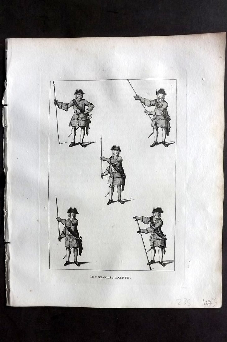Grose, Francis 1801 Antique Military Print. Standing Salute: Copper Plate Published 1801, London for "Military Antiquities Respecting a History of the English Army from the Conquest to the Present Time" by Francis Grose. Paper Size: 10.5 x 8 inch (27 x 21cm) Go