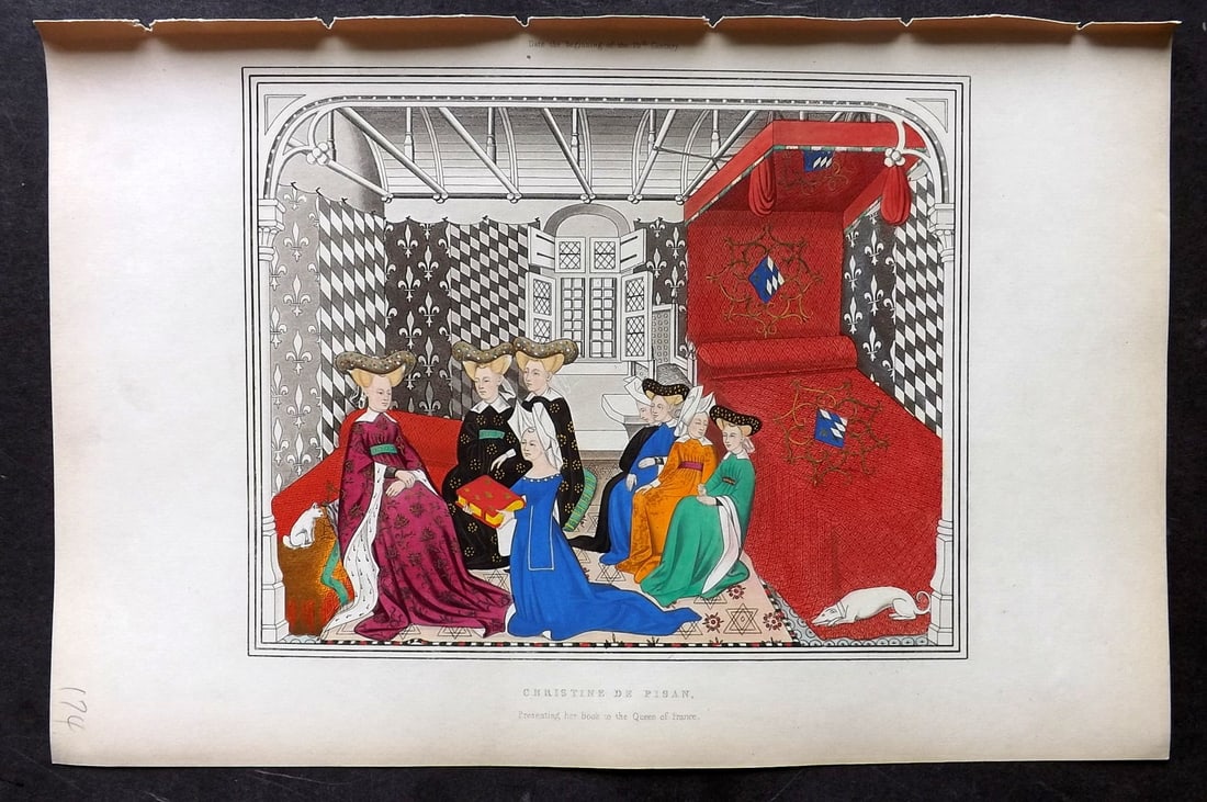 Shaw, Henry 1843 Hand Col Print. Christine de Pisan. 15th Cent: Hand Colored Aquatint Published 1843 London for "Dresses and Decorations of the Middle Ages" by Henry Shaw. Paper Size: 11 x 7 inch (28 x 18cm) Good Condition
