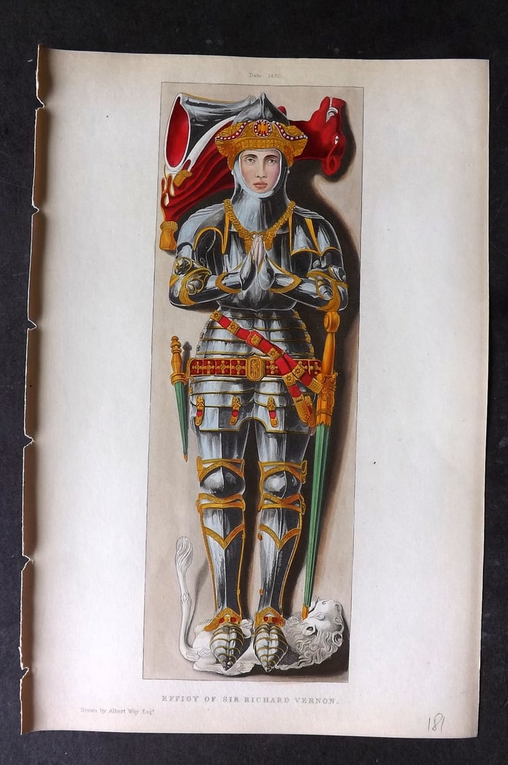 Shaw, Henry 1843 Fine Hand Col Print. Effigy of Sir Richard Vernon. 1450 (1 of 1)