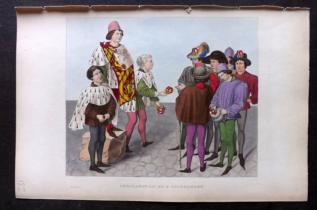 Shaw, Henry 1843 Hand Col Print. Proclamation of a Tournament. About 1450: Hand Colored Aquatint Published 1843 London for "Dresses and Decorations of the Middle Ages" by Henry Shaw. Paper Size: 11 x 7 inch (28 x 18cm) Good Condition