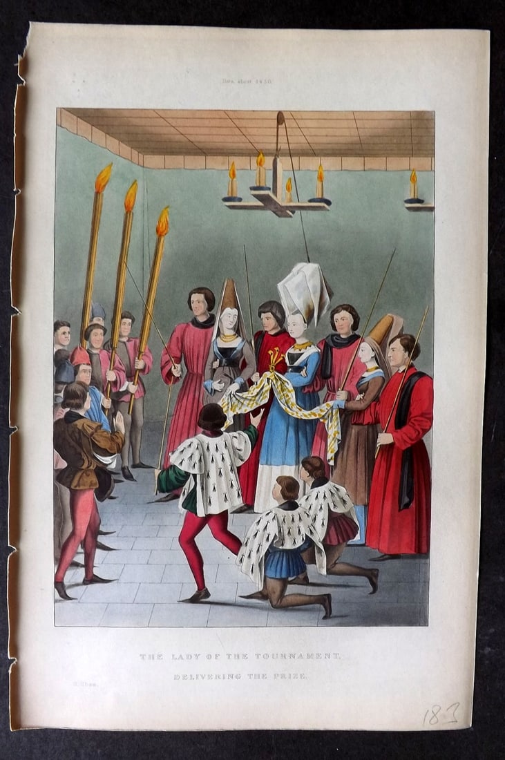 Shaw, Henry 1843 Hand Col Print. Lady of the Tournament delivering the Prize. About 1450: Hand Colored Aquatint Published 1843 London for "Dresses and Decorations of the Middle Ages" by Henry Shaw. Paper Size: 11 x 7 inch (28 x 18cm) Good Condition