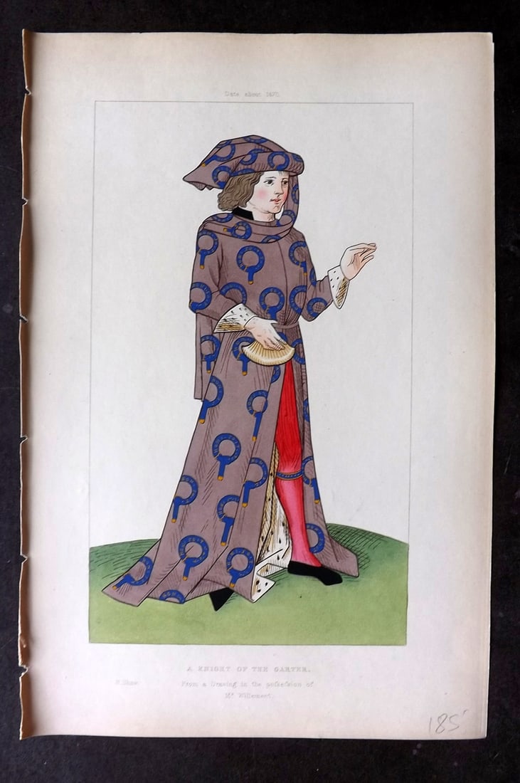 Shaw, Henry 1843 Hand Col Print. A Night of the Garter. About 1470: Hand Colored Aquatint Published 1843 London for "Dresses and Decorations of the Middle Ages" by Henry Shaw. Paper Size: 11 x 7 inch (28 x 18cm) Good Condition