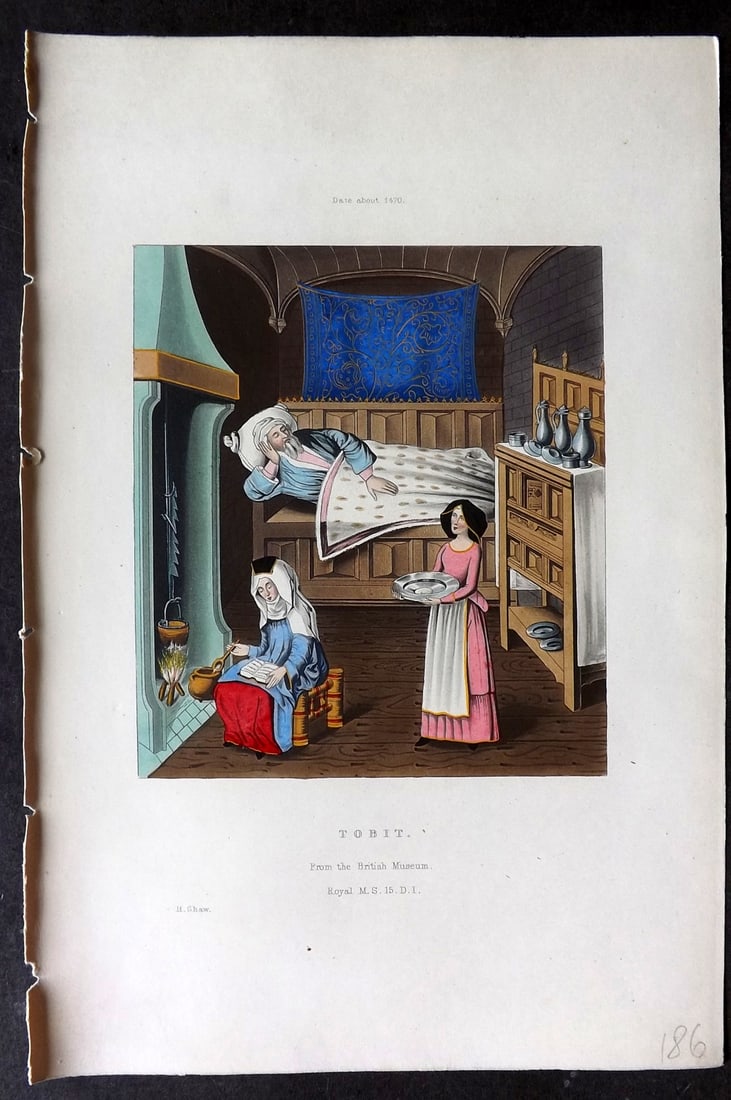 Shaw, Henry 1843 Hand Col Print. Tobit from the British Museum about 1470 (1 of 1)