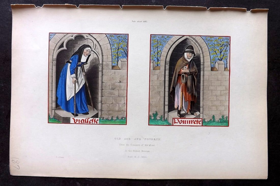 Shaw, Henry 1843 Hand Col Print. Old Age and Poverty about 1480: Hand Colored Aquatint Published 1843 London for "Dresses and Decorations of the Middle Ages" by Henry Shaw. Paper Size: 11 x 7 inch (28 x 18cm) Good Condition