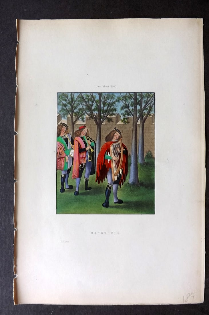 Shaw, Henry 1843 Hand Col Print. Minstrels about 1480: Hand Colored Aquatint Published 1843 London for "Dresses and Decorations of the Middle Ages" by Henry Shaw. Paper Size: 11 x 7 inch (28 x 18cm) Good Condition