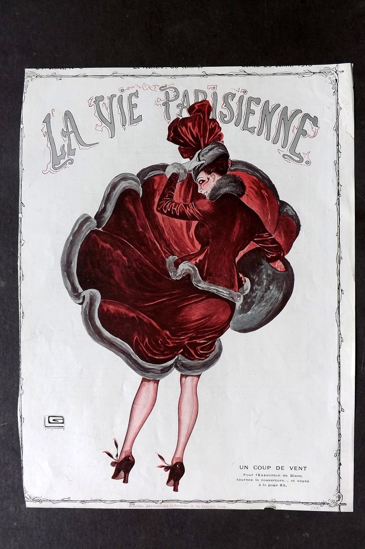 La Vie Parisienne 1916 Art Deco Print. Un Coup de Vent by Leonnec: Lithograph Published 1928, Paris for "La Vie Parisienne" Illustrated by Lissac, Barbier, Vallet, Valee, Prejelan, Herouard, Fournier, Kuhn-Regnier, Georges L?onnec and others. Verso text, but none sho