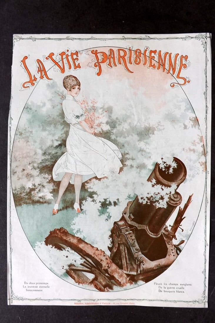 La Vie Parisienne 1916 Art Deco Print. Do doux Printemps by Herouard: Lithograph Published 1928, Paris for "La Vie Parisienne" Illustrated by Lissac, Barbier, Vallet, Valee, Prejelan, Herouard, Fournier, Kuhn-Regnier, Georges L?onnec and others. Verso text, but none sho