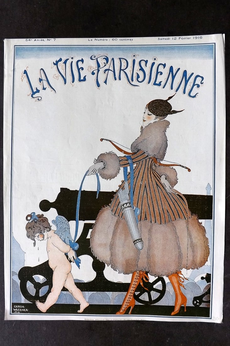 La Vie Parisienne 1916 Art Deco Print. Cupid on Lead by Gerda Wegener: Lithograph Published 1928, Paris for "La Vie Parisienne" Illustrated by Lissac, Barbier, Vallet, Valee, Prejelan, Herouard, Fournier, Kuhn-Regnier, Georges L?onnec and others. Verso text, but none sho