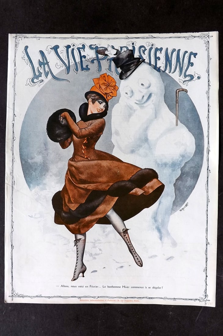 La Vie Parisienne 1916 Art Deco Print. Allons, nous voici en Fevrier. Snowman: Lithograph Published 1928, Paris for "La Vie Parisienne" Illustrated by Lissac, Barbier, Vallet, Valee, Prejelan, Herouard, Fournier, Kuhn-Regnier, Georges L?onnec and others. Verso text, but none sho