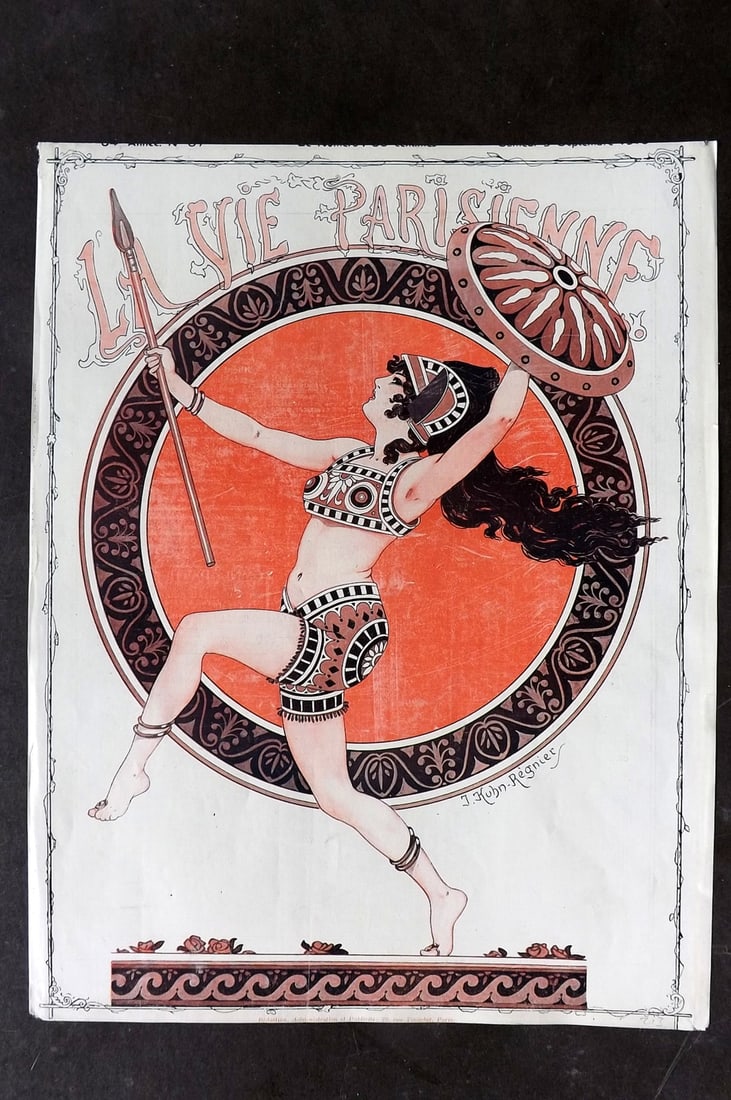 La Vie Parisienne 1916 Art Deco Print. Cover by Kuhn-Regnier: Lithograph Published 1928, Paris for "La Vie Parisienne" Illustrated by Lissac, Barbier, Vallet, Valee, Prejelan, Herouard, Fournier, Kuhn-Regnier, Georges L?onnec and others. Verso text, but none sho