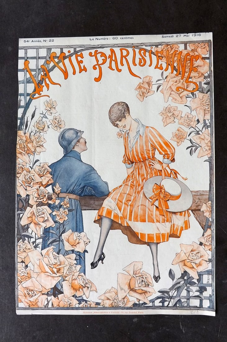 La Vie Parisienne 1916 Art Deco Print. Cover by Herouard: Lithograph Published 1928, Paris for "La Vie Parisienne" Illustrated by Lissac, Barbier, Vallet, Valee, Prejelan, Herouard, Fournier, Kuhn-Regnier, Georges L?onnec and others. Verso text, but none sho