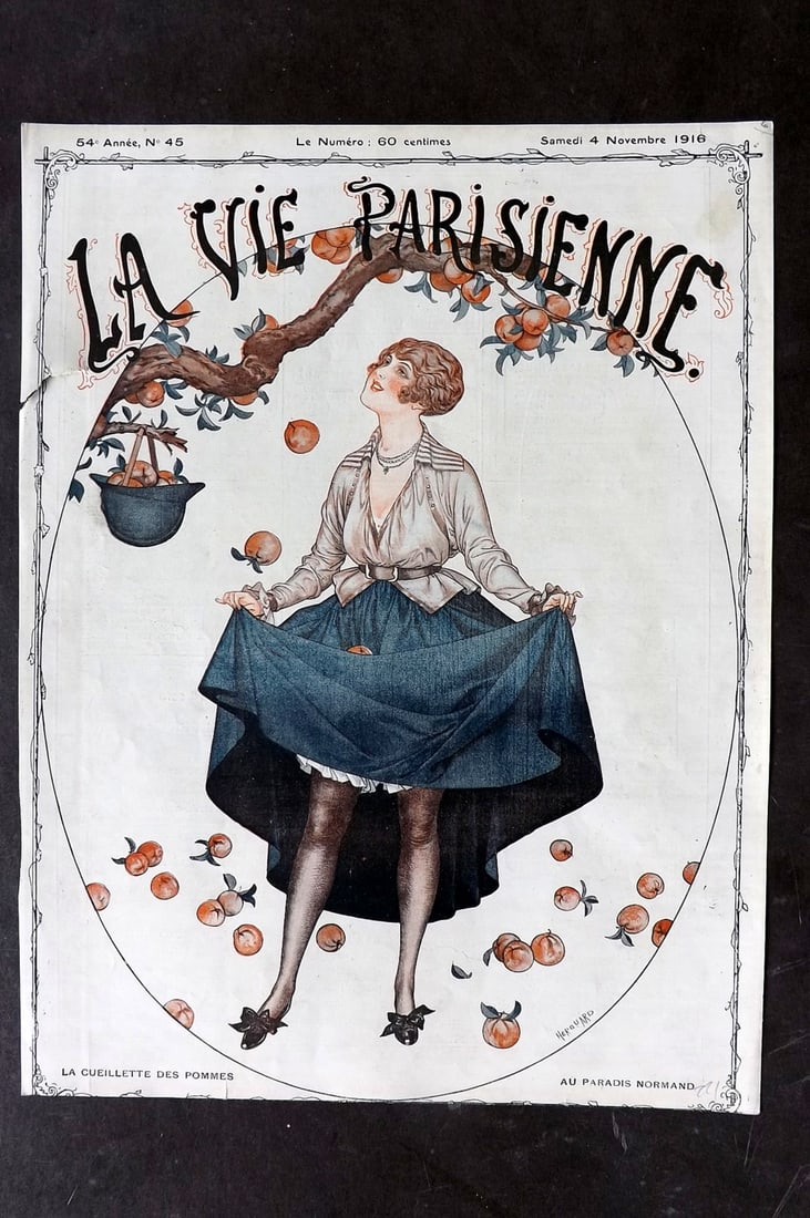 La Vie Parisienne 1916 Art Deco Print. La Cueillette des Pommes by Herouard: Lithograph Published 1928, Paris for "La Vie Parisienne" Illustrated by Lissac, Barbier, Vallet, Valee, Prejelan, Herouard, Fournier, Kuhn-Regnier, Georges L?onnec and others. Verso text, but none sho