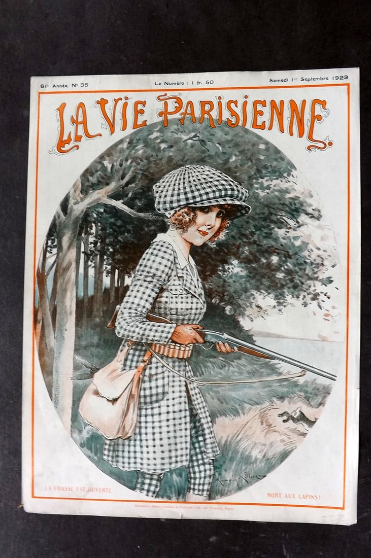 La Vie Parisienne 1923 Art Deco Print. La Chasse est Ouverte Mort Aux Lapins by Milliere: Lithograph Published 1928, Paris for "La Vie Parisienne" Illustrated by Lissac, Barbier, Vallet, Valee, Prejelan, Herouard, Fournier, Kuhn-Regnier, Georges L?onnec and others. Verso text, but none sho