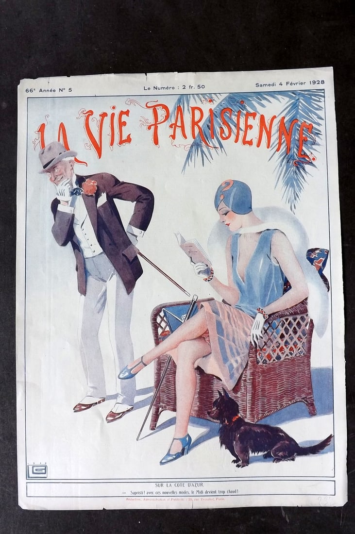 La Vie Parisienne 1928 Art Deco Print. Sur la Cote d'Azur by Leonnec: Lithograph Published 1928, Paris for "La Vie Parisienne" Illustrated by Lissac, Barbier, Vallet, Valee, Prejelan, Herouard, Fournier, Kuhn-Regnier, Georges L?onnec and others. Verso text, but none sho