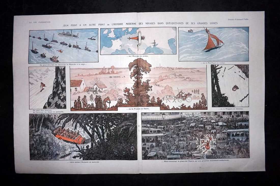 La Vie Parisienne 1926 Art Deco Double Print. D'Un Point a Un Autre Point by Vallee: Lithographs Published 1928, Paris for "La Vie Parisienne" Illustrated by Lissac, Barbier, Vallet, Valee, Prejelan, Herouard, Fournier, Kuhn-Regnier, Georges L?onnec and others. Verso text, but none sh