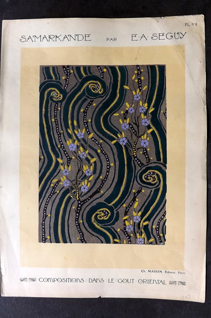 Seguy, Emile-Allain C1914 Folio Art Nouveau Pochoir 08: Hand Colored Folio Pochoir Lithograph Published C1914, Paris for "Compositions dans le gout Oriental" by Emile-Allain Seguy. On good paper with Goache hand colour, some heightened with Gold and Silver