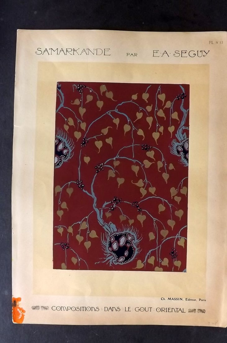 Seguy, Emile-Allain C1914 Folio Art Nouveau Pochoir 12: Hand Colored Folio Pochoir Lithograph Published C1914, Paris for "Compositions dans le gout Oriental" by Emile-Allain Seguy. On good paper with Goache hand colour, some heightened with Gold and Silver