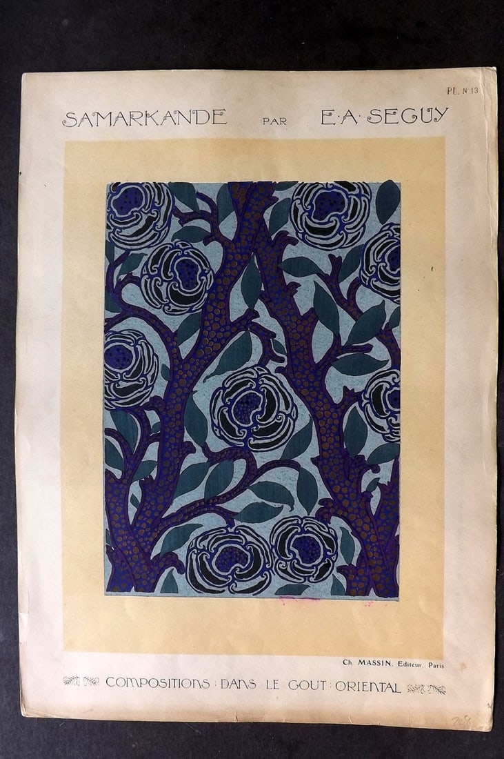 Seguy, Emile-Allain C1914 Folio Art Nouveau Pochoir 13: Hand Colored Folio Pochoir Lithograph Published C1914, Paris for "Compositions dans le gout Oriental" by Emile-Allain Seguy. On good paper with Goache hand colour, some heightened with Gold and Silver