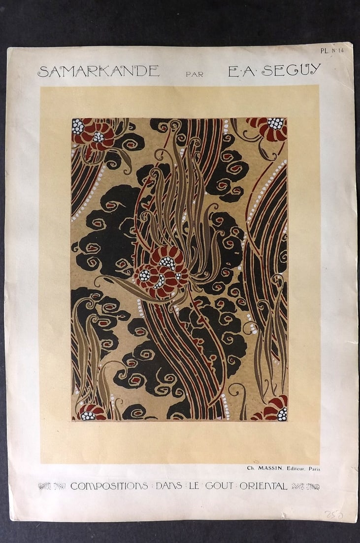 Seguy, Emile-Allain C1914 Folio Art Nouveau Pochoir 14: Hand Colored Folio Pochoir Lithograph Published C1914, Paris for "Compositions dans le gout Oriental" by Emile-Allain Seguy. On good paper with Goache hand colour, some heightened with Gold and Silver