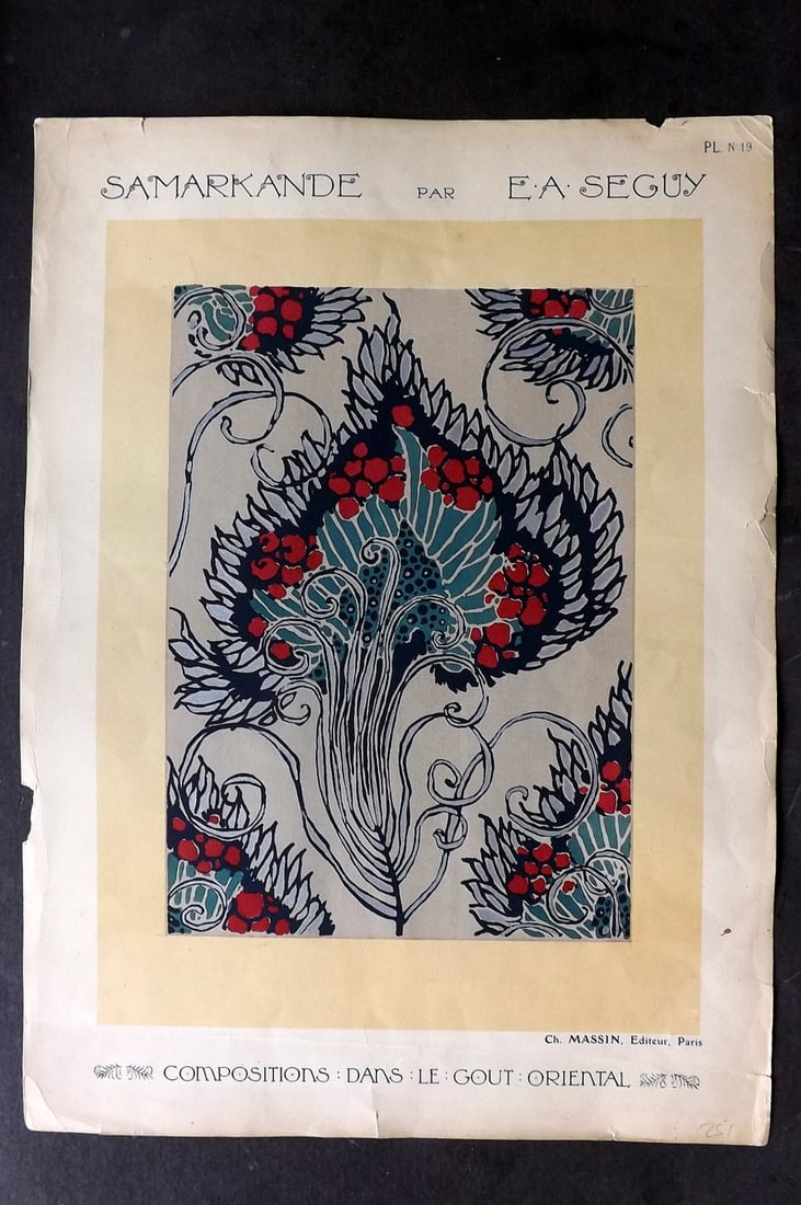 Seguy, Emile-Allain C1914 Folio Art Nouveau Pochoir 19: Hand Colored Folio Pochoir Lithograph Published C1914, Paris for "Compositions dans le gout Oriental" by Emile-Allain Seguy. On good paper with Goache hand colour, some heightened with Gold and Silver