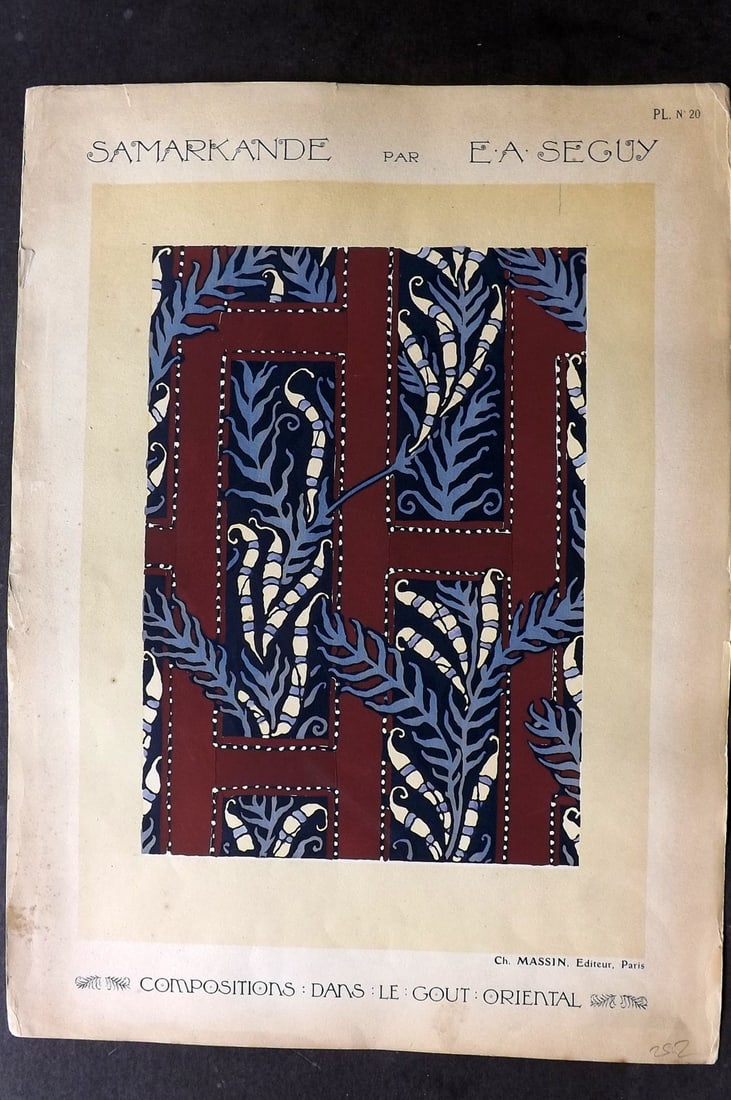 Seguy, Emile-Allain C1914 Folio Art Nouveau Pochoir 20: Hand Colored Folio Pochoir Lithograph Published C1914, Paris for "Compositions dans le gout Oriental" by Emile-Allain Seguy. On good paper with Goache hand colour, some heightened with Gold and Silver