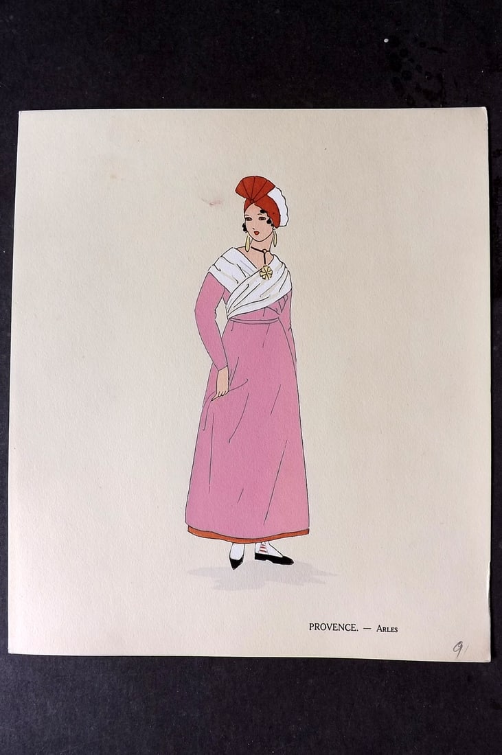 Keim, Aline 1929 HCol French Pochoir Costume Plate. Provence - Arles: Hand Colored Pochoir Lithograph Published 1929, Paris for "Les Costumes du Pays de France" by Aline Keim. First Edition by Aline Keim. Paper Size: 11 x 9.5 inch (28 x 24cm) Good Condition