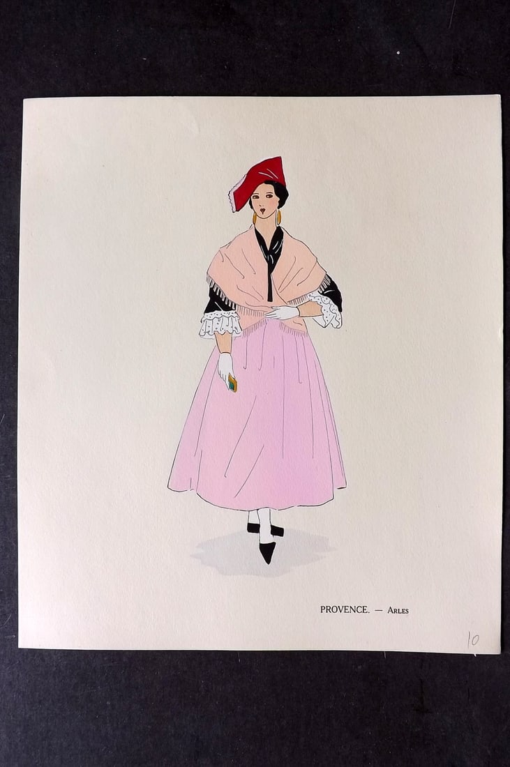 Keim, Aline 1929 HCol French Pochoir Costume Plate. Provence - Arles: Hand Colored Pochoir Lithograph Published 1929, Paris for "Les Costumes du Pays de France" by Aline Keim. First Edition by Aline Keim. Paper Size: 11 x 9.5 inch (28 x 24cm) Good Condition