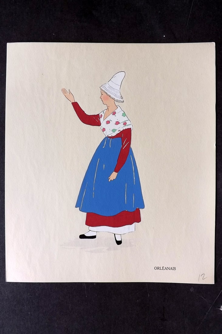 Keim, Aline 1929 HCol French Pochoir Costume Plate. Orleanais: Hand Colored Pochoir Lithograph Published 1929, Paris for "Les Costumes du Pays de France" by Aline Keim. First Edition by Aline Keim. Paper Size: 11 x 9.5 inch (28 x 24cm) Good Condition