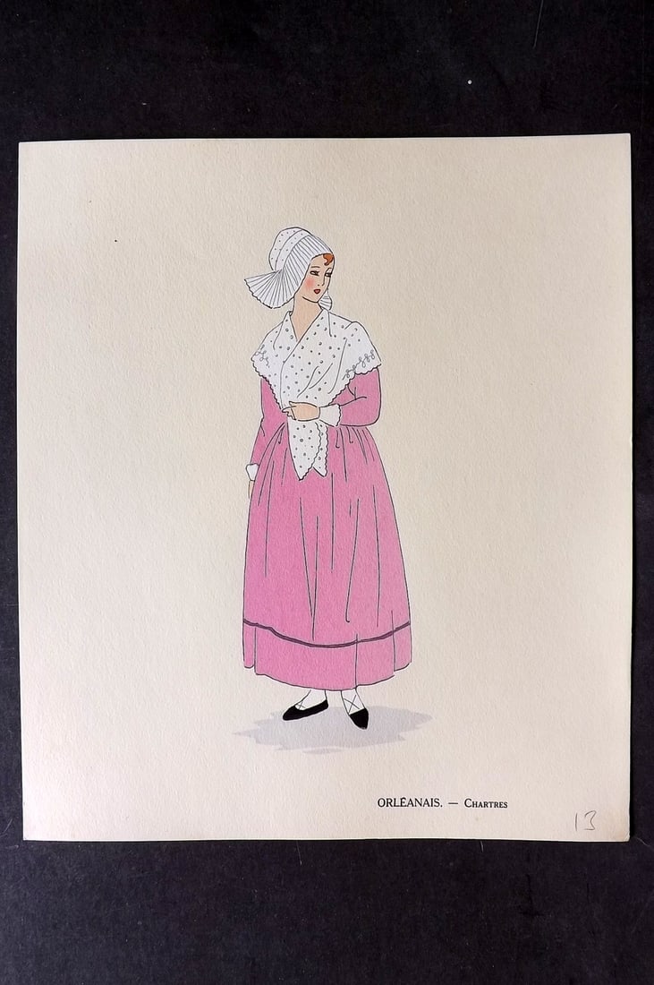 Keim, Aline 1929 HCol French Pochoir Costume Plate. Orleanais - Chartres: Hand Colored Pochoir Lithograph Published 1929, Paris for "Les Costumes du Pays de France" by Aline Keim. First Edition by Aline Keim. Paper Size: 11 x 9.5 inch (28 x 24cm) Good Condition
