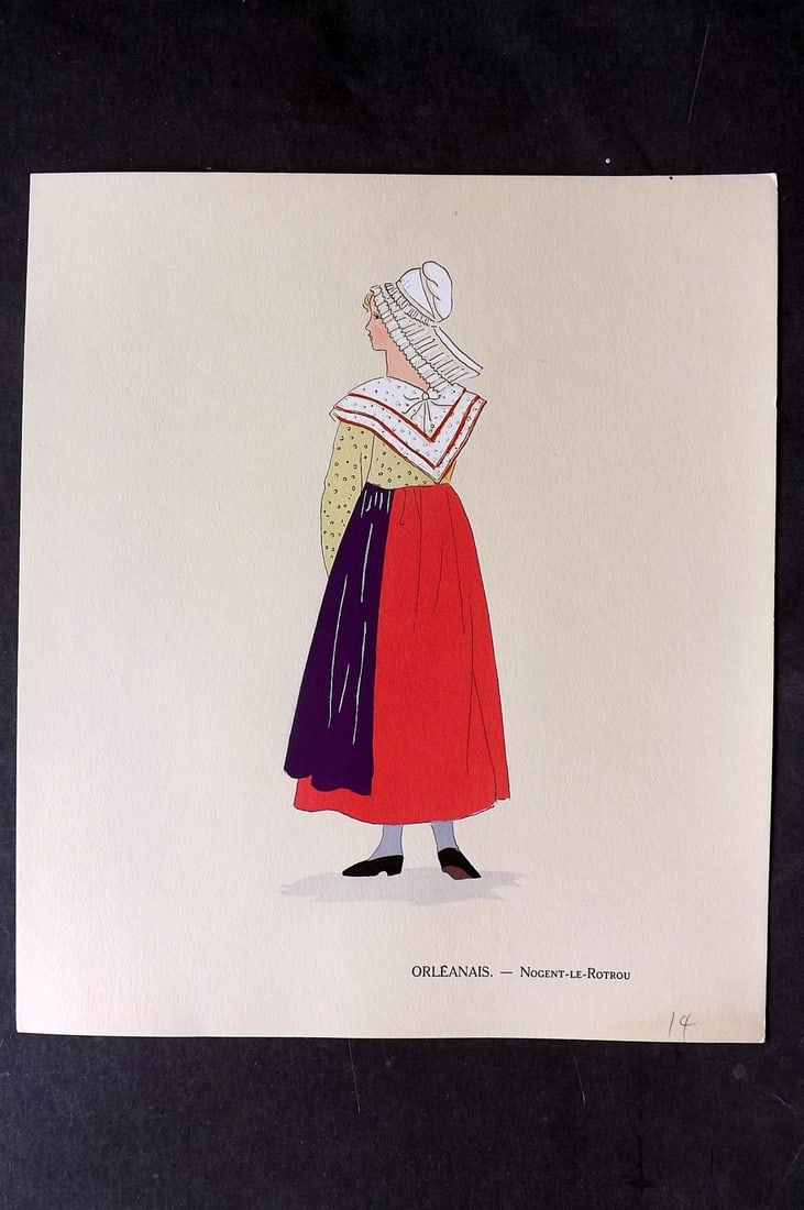 Keim, Aline 1929 HCol French Pochoir Costume Plate. Orleanais- Nogent-Le0Rotrou: Hand Colored Pochoir Lithograph Published 1929, Paris for "Les Costumes du Pays de France" by Aline Keim. First Edition by Aline Keim. Paper Size: 11 x 9.5 inch (28 x 24cm) Good Condition