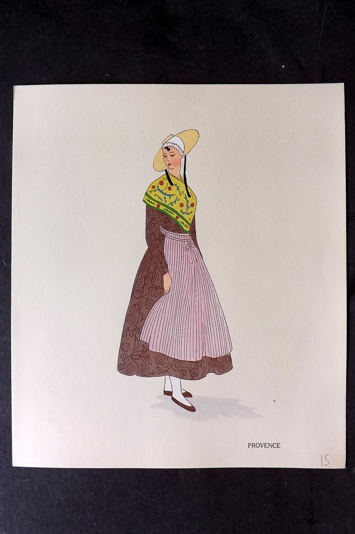 Keim, Aline 1929 HCol French Pochoir Costume Plate. Provence: Hand Colored Pochoir Lithograph Published 1929, Paris for "Les Costumes du Pays de France" by Aline Keim. First Edition by Aline Keim. Paper Size: 11 x 9.5 inch (28 x 24cm) Good Condition