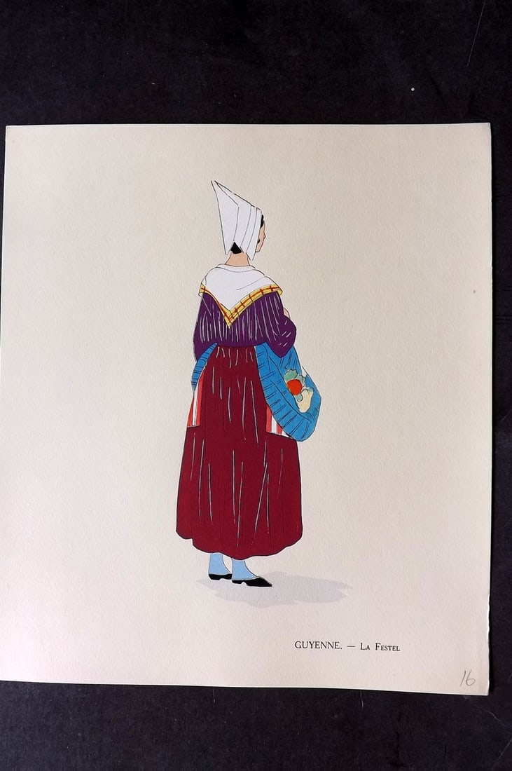 Keim, Aline 1929 HCol French Pochoir Costume Plate. Guyenne - La Festel: Hand Colored Pochoir Lithograph Published 1929, Paris for "Les Costumes du Pays de France" by Aline Keim. First Edition by Aline Keim. Paper Size: 11 x 9.5 inch (28 x 24cm) Good Condition