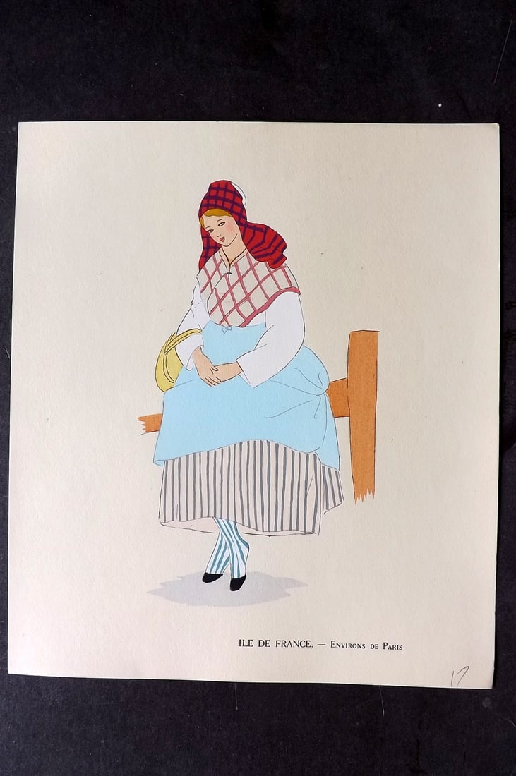 Keim, Aline 1929 HCol French Pochoir Costume Plate. Ile de Ffrance - Environes dde Paris: Hand Colored Pochoir Lithograph Published 1929, Paris for "Les Costumes du Pays de France" by Aline Keim. First Edition by Aline Keim. Paper Size: 11 x 9.5 inch (28 x 24cm) Good Condition
