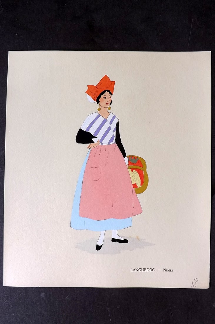 Keim, Aline 1929 HCol French Pochoir Costume Plate. Languedoc - Nimes: Hand Colored Pochoir Lithograph Published 1929, Paris for "Les Costumes du Pays de France" by Aline Keim. First Edition by Aline Keim. Paper Size: 11 x 9.5 inch (28 x 24cm) Good Condition