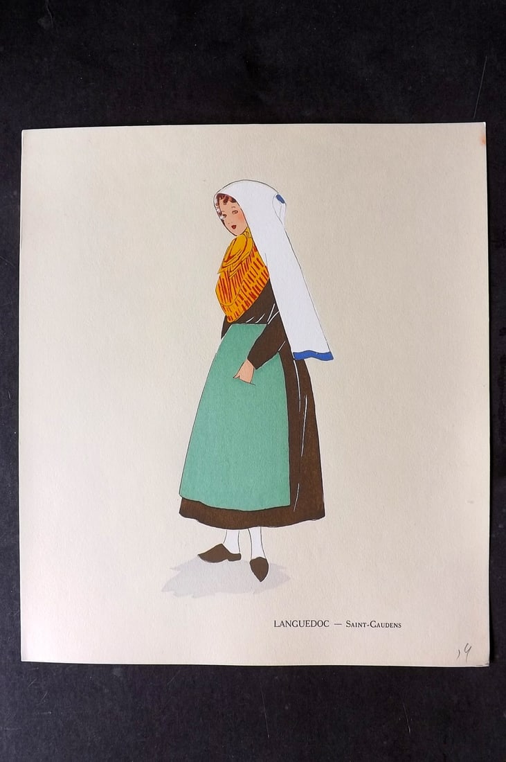 Keim, Aline 1929 HCol French Pochoir Costume Plate. Languedoc - Saint Gaudens: Hand Colored Pochoir Lithograph Published 1929, Paris for "Les Costumes du Pays de France" by Aline Keim. First Edition by Aline Keim. Paper Size: 11 x 9.5 inch (28 x 24cm) Good Condition