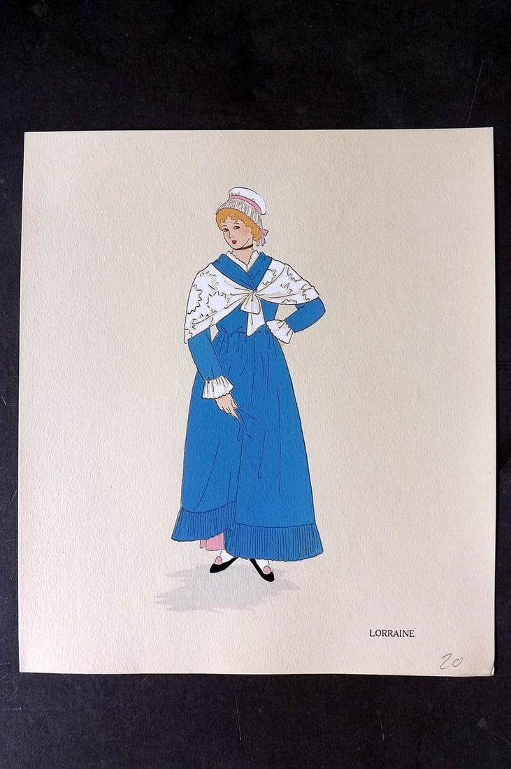 Keim, Aline 1929 HCol French Pochoir Costume Plate. Lorraine: Hand Colored Pochoir Lithograph Published 1929, Paris for "Les Costumes du Pays de France" by Aline Keim. First Edition by Aline Keim. Paper Size: 11 x 9.5 inch (28 x 24cm) Good Condition