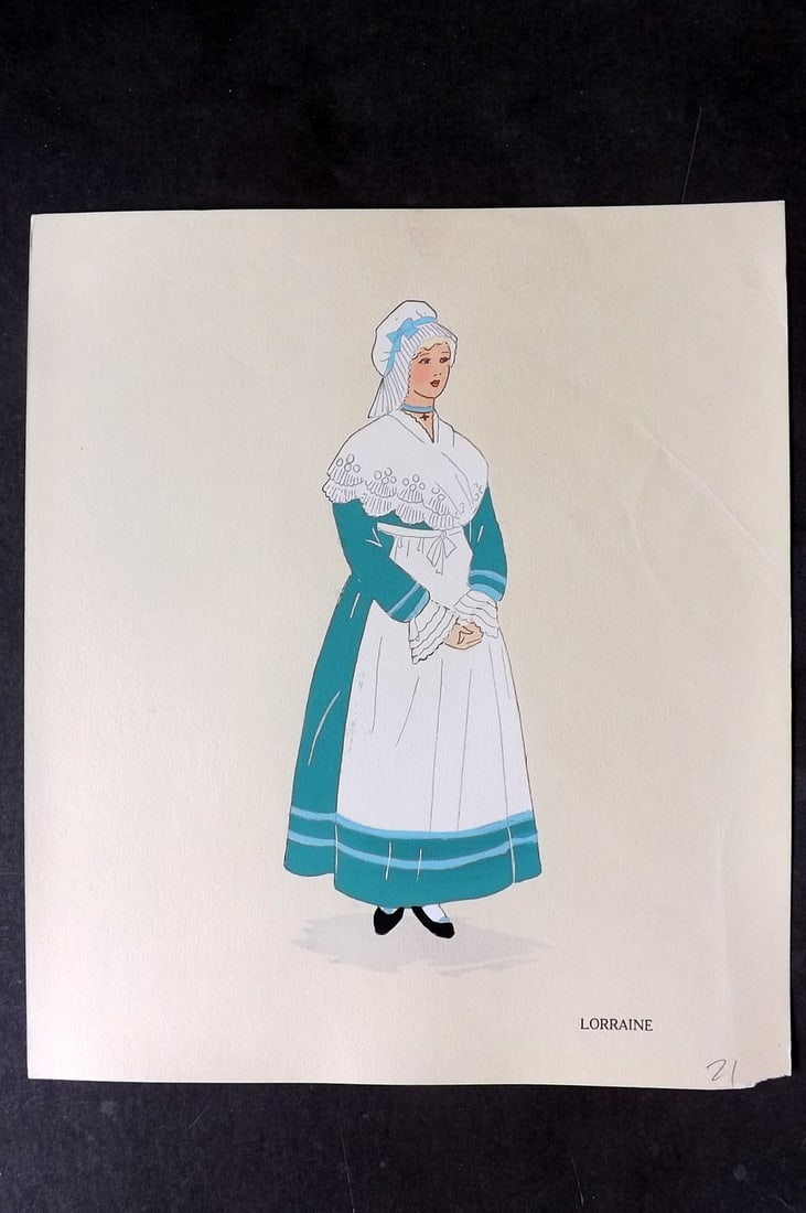 Keim, Aline 1929 HCol French Pochoir Costume Plate. Lorraine: Hand Colored Pochoir Lithograph Published 1929, Paris for "Les Costumes du Pays de France" by Aline Keim. First Edition by Aline Keim. Paper Size: 11 x 9.5 inch (28 x 24cm) Good Condition