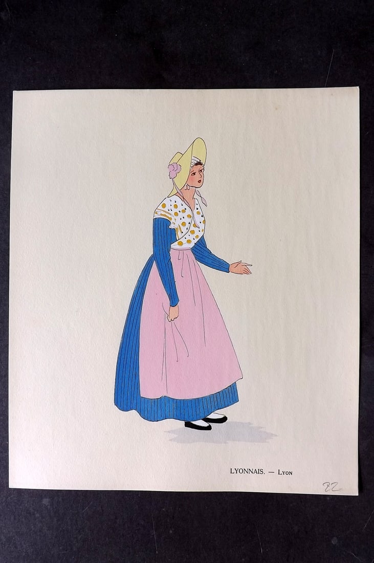 Keim, Aline 1929 HCol French Pochoir Costume Plate. Lyonnais - Lyon: Hand Colored Pochoir Lithograph Published 1929, Paris for "Les Costumes du Pays de France" by Aline Keim. First Edition by Aline Keim. Paper Size: 11 x 9.5 inch (28 x 24cm) Good Condition