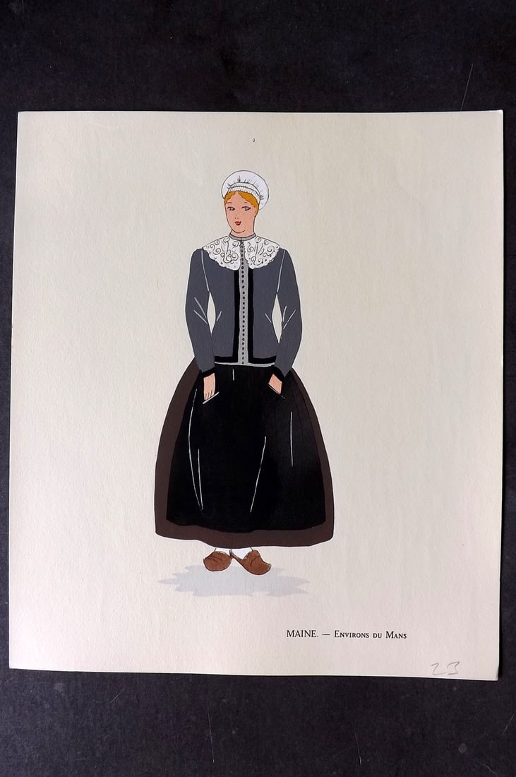 Keim, Aline 1929 HCol French Pochoir Costume Plate. Maine - Environs du Mans: Hand Colored Pochoir Lithograph Published 1929, Paris for "Les Costumes du Pays de France" by Aline Keim. First Edition by Aline Keim. Paper Size: 11 x 9.5 inch (28 x 24cm) Good Condition
