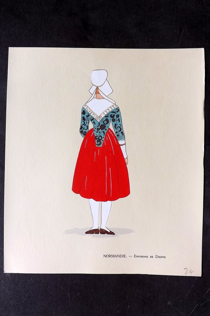 Keim, Aline 1929 HCol French Pochoir Costume Plate. Normandie - Environs de Dieppe: Hand Colored Pochoir Lithograph Published 1929, Paris for "Les Costumes du Pays de France" by Aline Keim. First Edition by Aline Keim. Paper Size: 11 x 9.5 inch (28 x 24cm) Good Condition