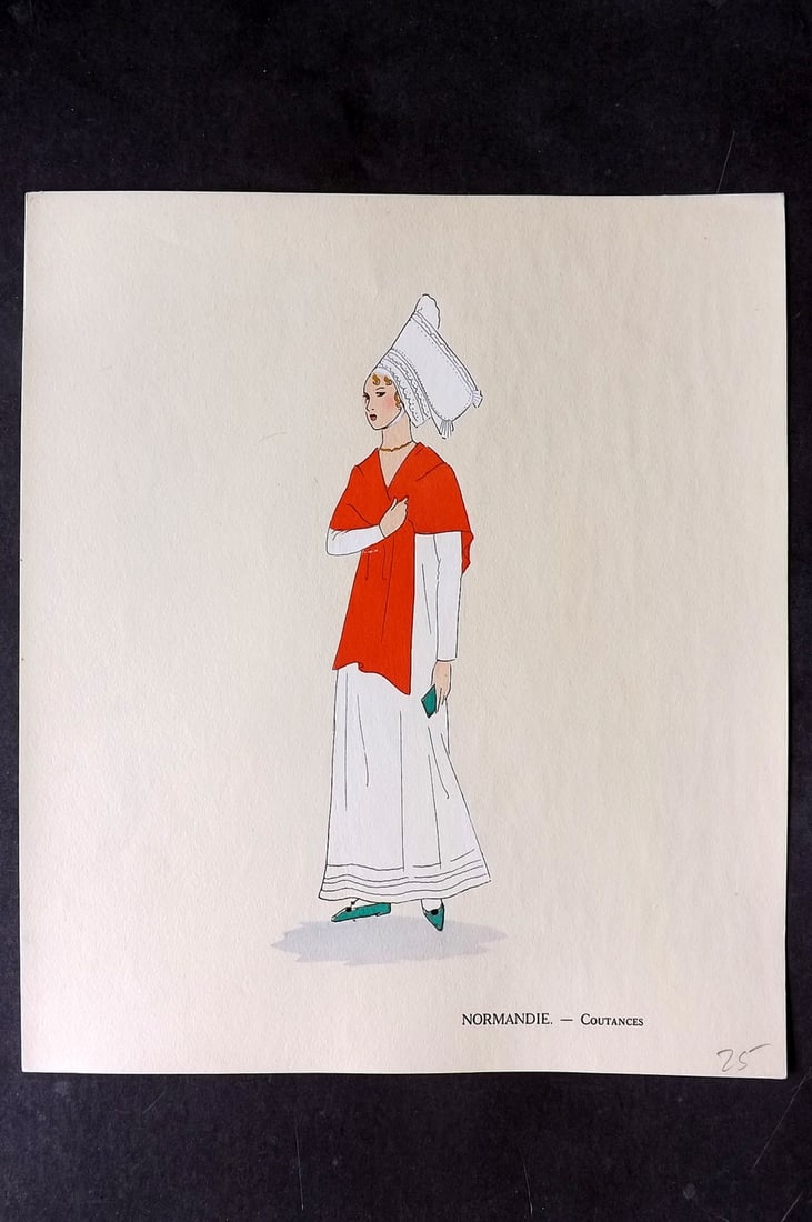 Keim, Aline 1929 HCol French Pochoir Costume Plate. Normandie - Coutances: Hand Colored Pochoir Lithograph Published 1929, Paris for "Les Costumes du Pays de France" by Aline Keim. First Edition by Aline Keim. Paper Size: 11 x 9.5 inch (28 x 24cm) Good Condition