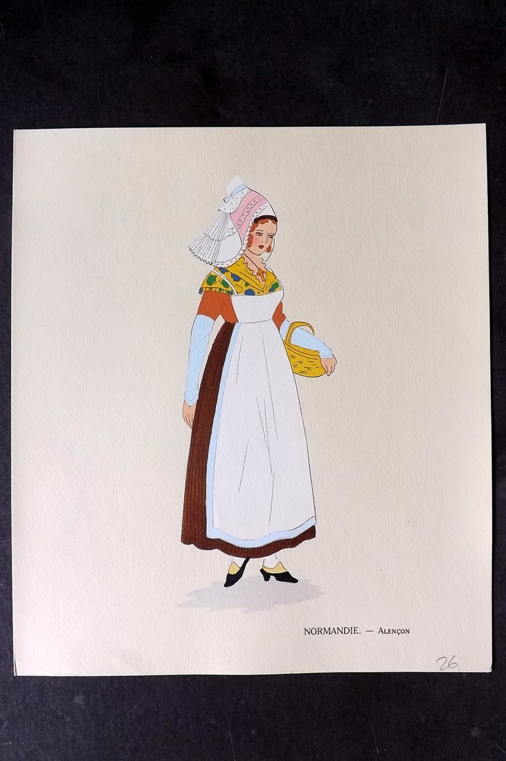 Keim, Aline 1929 HCol French Pochoir Costume Plate. Normandie - Alencon: Hand Colored Pochoir Lithograph Published 1929, Paris for "Les Costumes du Pays de France" by Aline Keim. First Edition by Aline Keim. Paper Size: 11 x 9.5 inch (28 x 24cm) Good Condition