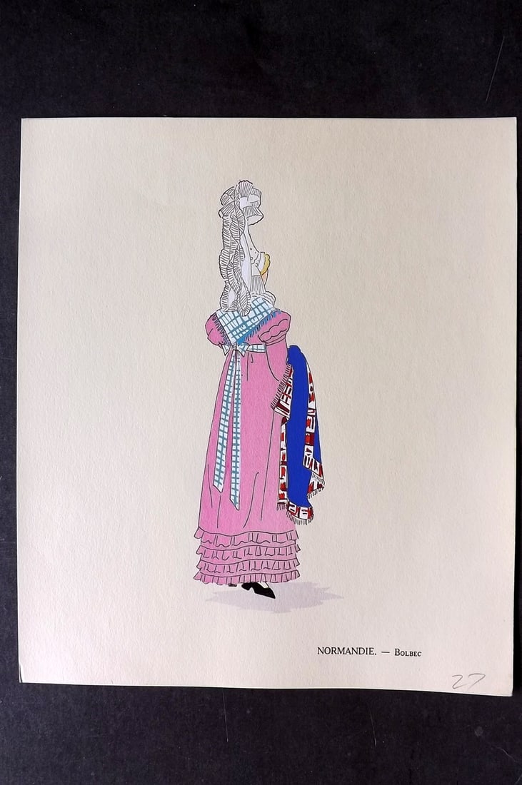 Keim, Aline 1929 HCol French Pochoir Costume Plate. Normandie - Bolbeb: Hand Colored Pochoir Lithograph Published 1929, Paris for "Les Costumes du Pays de France" by Aline Keim. First Edition by Aline Keim. Paper Size: 11 x 9.5 inch (28 x 24cm) Good Condition
