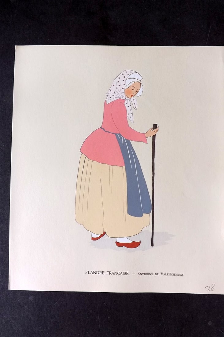Keim, Aline 1929 HCol French Pochoir Costume Plate. Flandre Francaise - Environes de Valenciennes: Hand Colored Pochoir Lithograph Published 1929, Paris for "Les Costumes du Pays de France" by Aline Keim. First Edition by Aline Keim. Paper Size: 11 x 9.5 inch (28 x 24cm) Good Condition