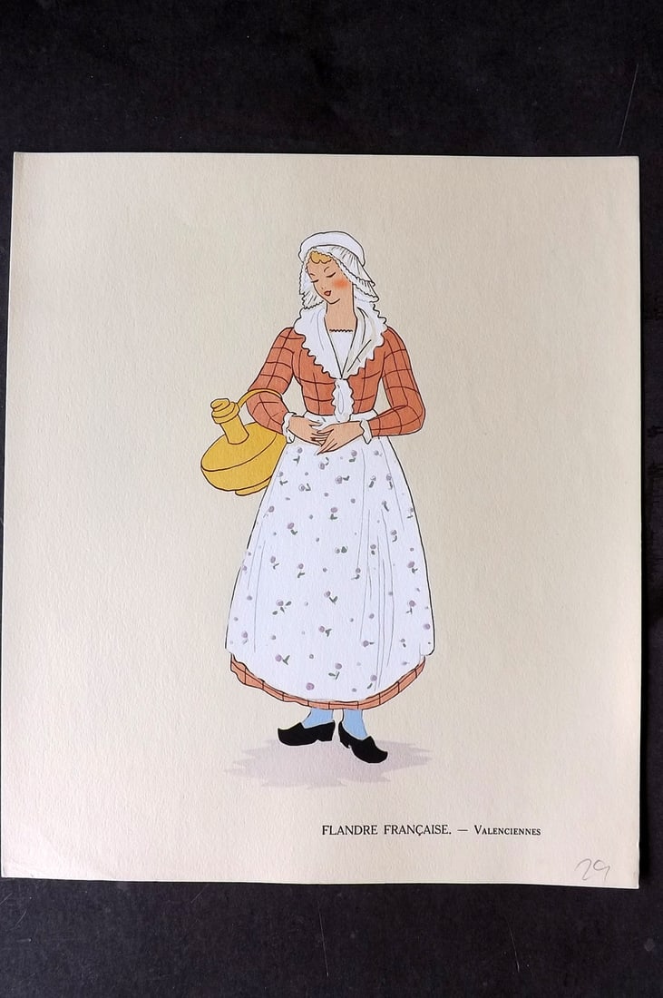 Keim, Aline 1929 HCol French Pochoir Costume Plate. Flandre Francaise - Valenciennes: Hand Colored Pochoir Lithograph Published 1929, Paris for "Les Costumes du Pays de France" by Aline Keim. First Edition by Aline Keim. Paper Size: 11 x 9.5 inch (28 x 24cm) Good Condition